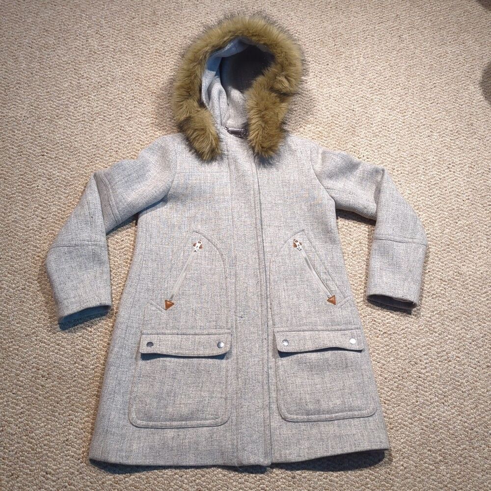 J.Crew Chateau Parka Coat Womens 2 Stadium Cloth Gray Wool Nello Gori Fur Trim - Picture 2 of 9
